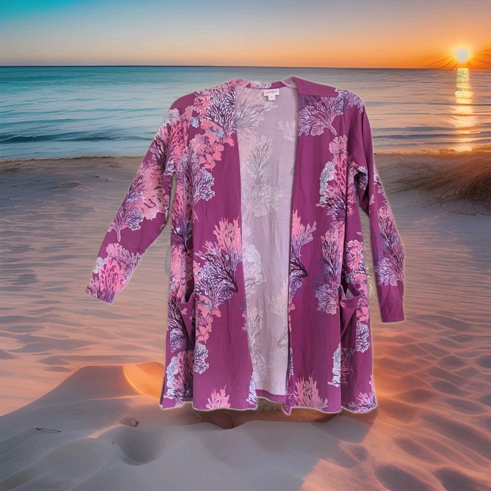 LuLaRoe Ladies Caroline Pink Sea Coral Print Open-Front Cardigan Med W/Pockets